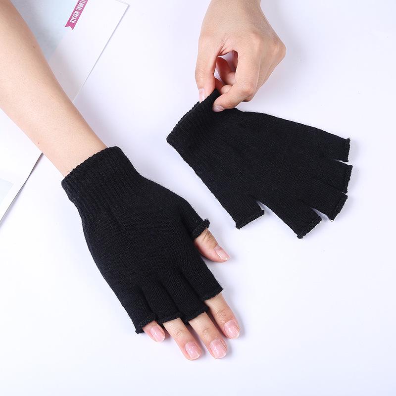 Autumn/Winter Warm Acrylic Knit Half-Finger Solid Color Office Gloves