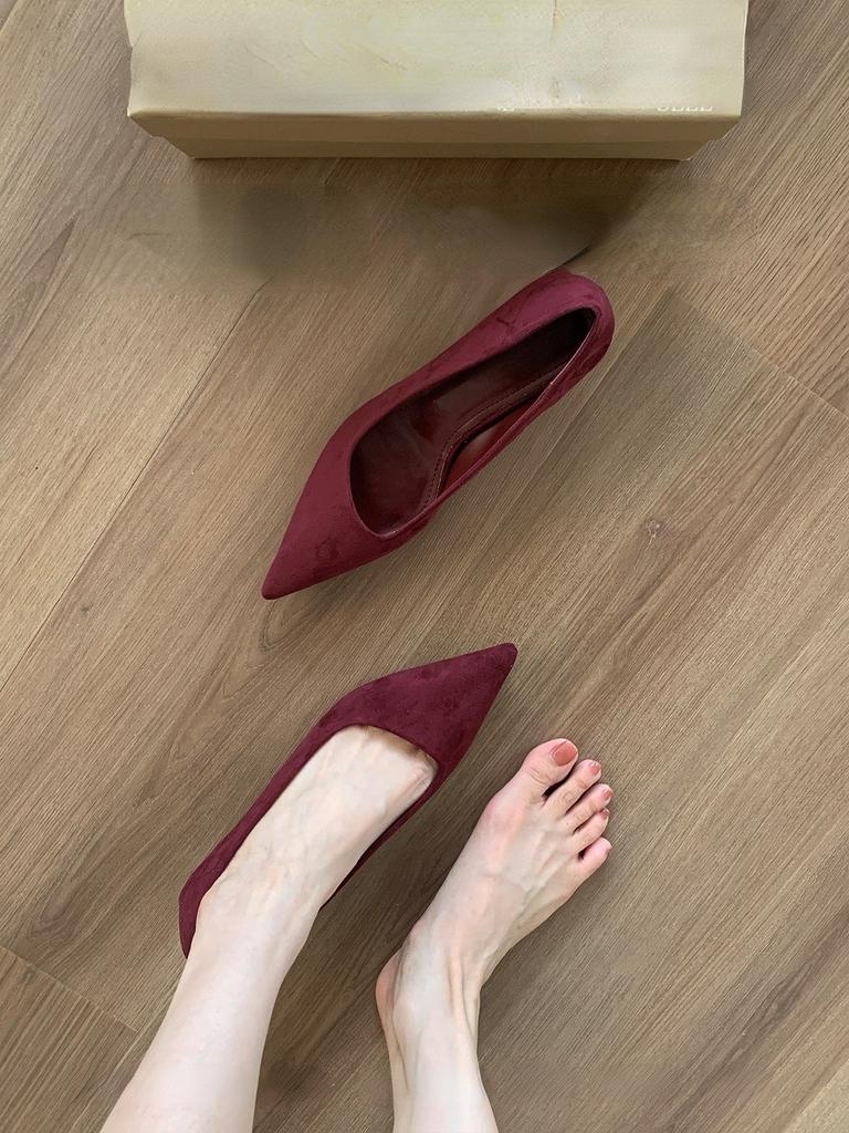 Red suede single shoes shoes soft flat bottom with skirt gentle evening shoes