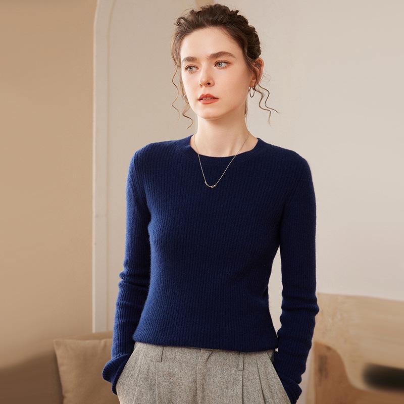 Women's Slim Fit Cashmere Striped Knit Pullover - Round Neck, Long Sleeve, Autumn/Winter Base Layer Sweater