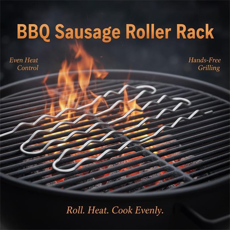 BBQ Sausage Roller Rack, Hot Dog Roller Grill, Stainless Steel Sausage Griller with 360° Rolling Design -Free Rack for Camping Outdoor Family Cookouts