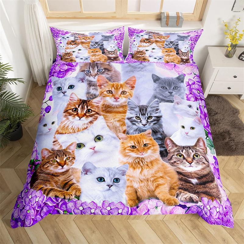 Set Husă Plapumă Pisică Copii Twin Full 3D Desene Animate Animal Set Lenjerie de Pat Microfibră Husă Plapumă Drăguță cu Animale de Companie Pentru Fete Băieți Iubitori de Pisici