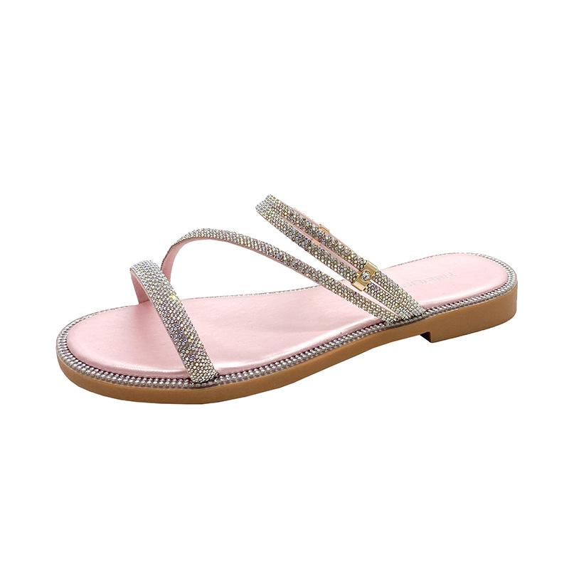 Coole Hausschuhe Damen Sommer neue flache Strasssteine Mode Außenbekleidung Damen vielseitige zwei Tragearten Strandsandalen