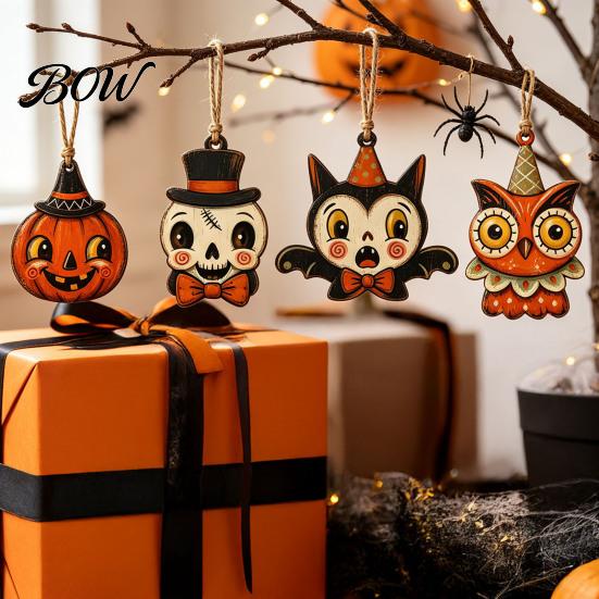 Mummy And Owl Hanging Ornaments Halloween Wooden Decor, Ghost Black Cat Pumpkin Ornament, Rustic Vintage Decorative Pendants Wall Decor Gift Tags for