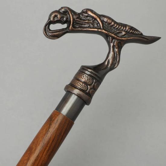 Antique Brass Walking Stick with Dragon Handle, Vintage 3-Fold Foldable Cane, Nautical Design for Collectors & Fantasy Enthusiasts