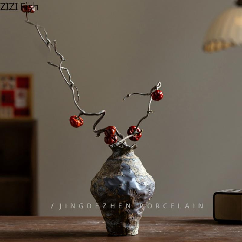 Mottled Coarse Ceramic Vase Vintage Handicrafts Plant Pot Table Decoration Flowers Arrangement Floral Vases Room Aesthetic Decor