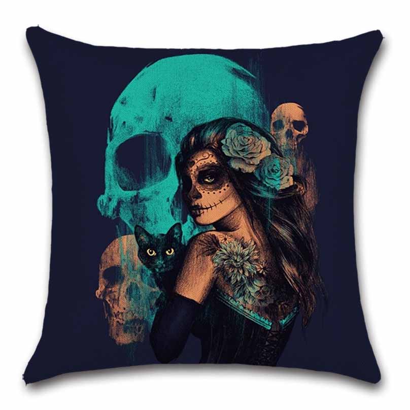 

Домашній диван Сидіння Автомобіль Друг Офіс Подарунок Наволочка Череп Мексиканська День мертвих Готична дівчина Льняна подушка 16x16Inch