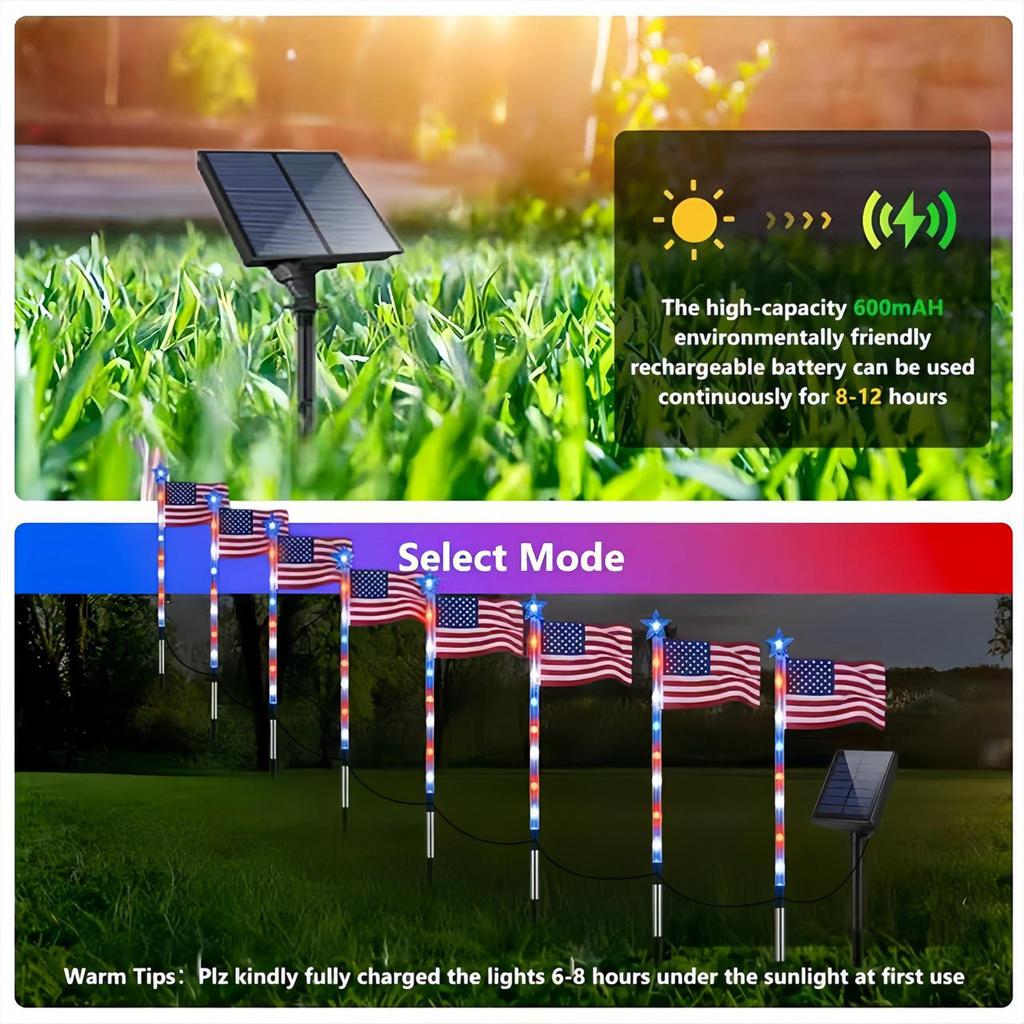American Flag Solar String Lights: Outdoor Courtyard Festival Decoration with Remote-Controlled Colored Lights