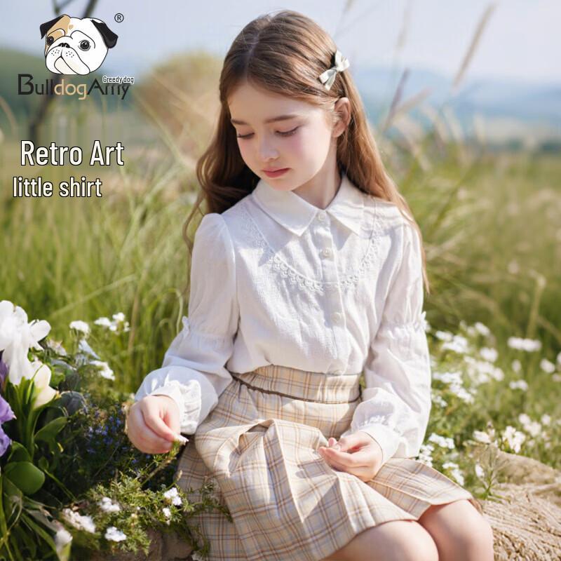 Chanzuigou Girls  Retro Cotton Jacquard Lantern Sleeve Blouse 140 cm