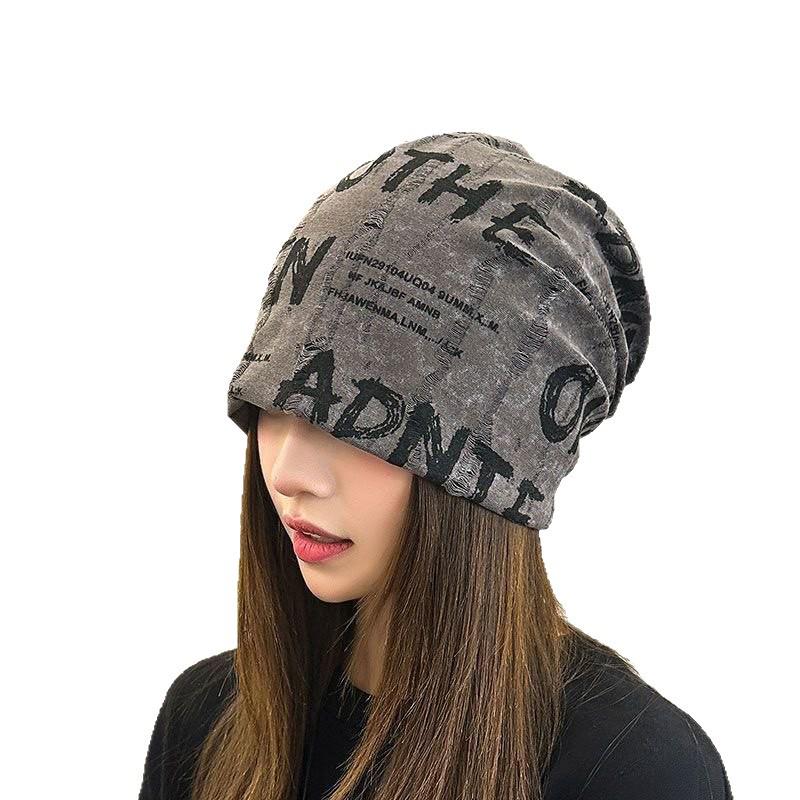 Korean Style Double Layer Graffiti Letter Frayed Women's Beanie - Breathable & Thin Postpartum Head Covering