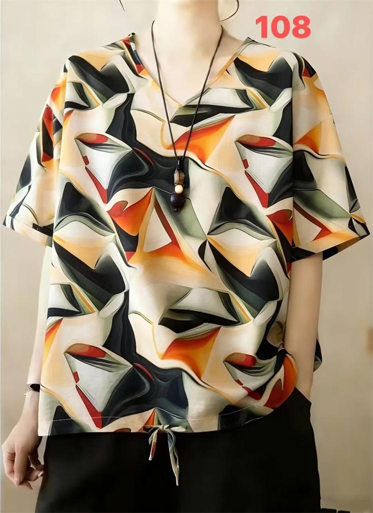 Summer Printed Short-sleeved T-shirt V-neck Cotton and Linen Loose Large-size Women's Top T-shirt Cotton and Linen Shirt