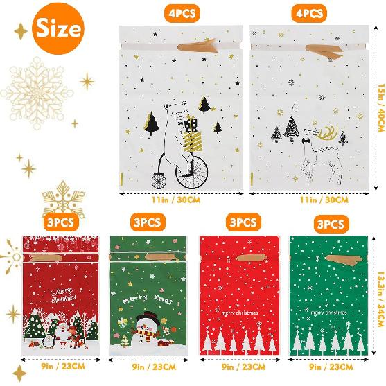 Bomvabe 20 Drawstring Gift Bags for Christmas Presents, Food Grade Christmas Treat Bags for Candies Cookies, Christmas Wrapping Bags Assorted Sizes