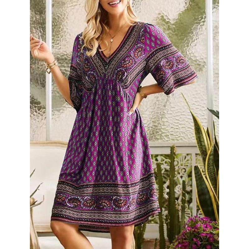 Women‘s V Neck Half Sleeve A-Line Maxi Dress Loose Fit Printed Bohemian Gown