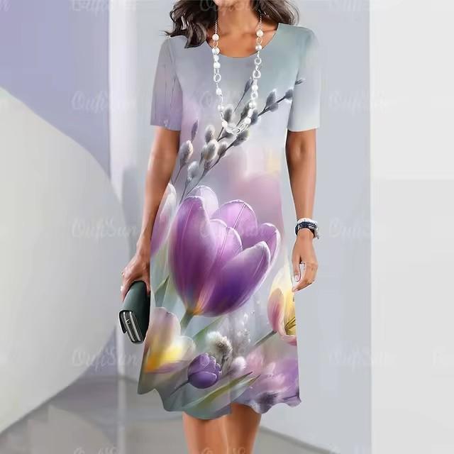 Damen 3D-Druck Kurzarm Midi-Kleid Übergröße Urlaubs-Strandkleider
