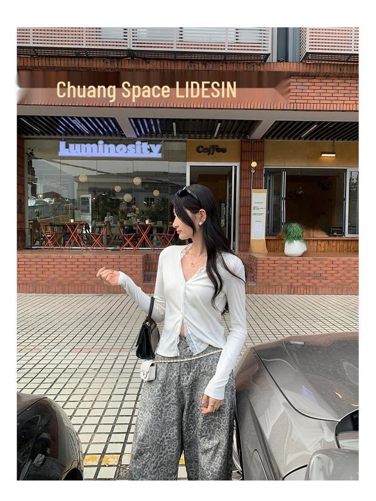 Elegant V-Neck Korean Style Knit Cardigan with Lace Trim for Women, Slimming Autumn Long-Sleeve Top