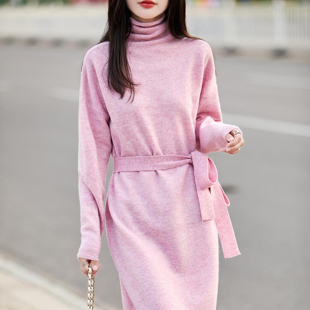 Elegant Stacked Collar Wool Sweater Dress for Women, Knee-Length, Slimming Fit, Solid Color, Perfect Base Layer Sweater.