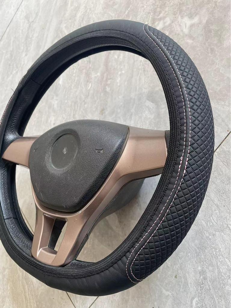 Fiber Leather Steering Wheel Cover - Double Circle, Elastic Band, Wear-Resistant, Embossed Design.