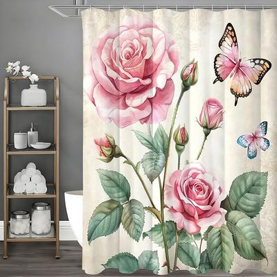 Rosebud Schmetterling Duschvorhang, Badezimmer Dekorativer Duschvorhang, Wasserdichter Duschvorhang mit Haken