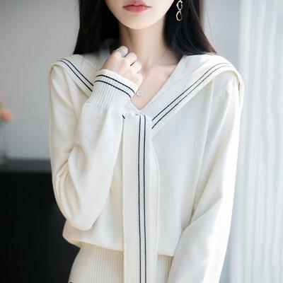 Spring and Autumn College Style Navy Collar Knitted Sweater, A Long-sleeved, Slimming and Youthful Top with A Niche Design for Women