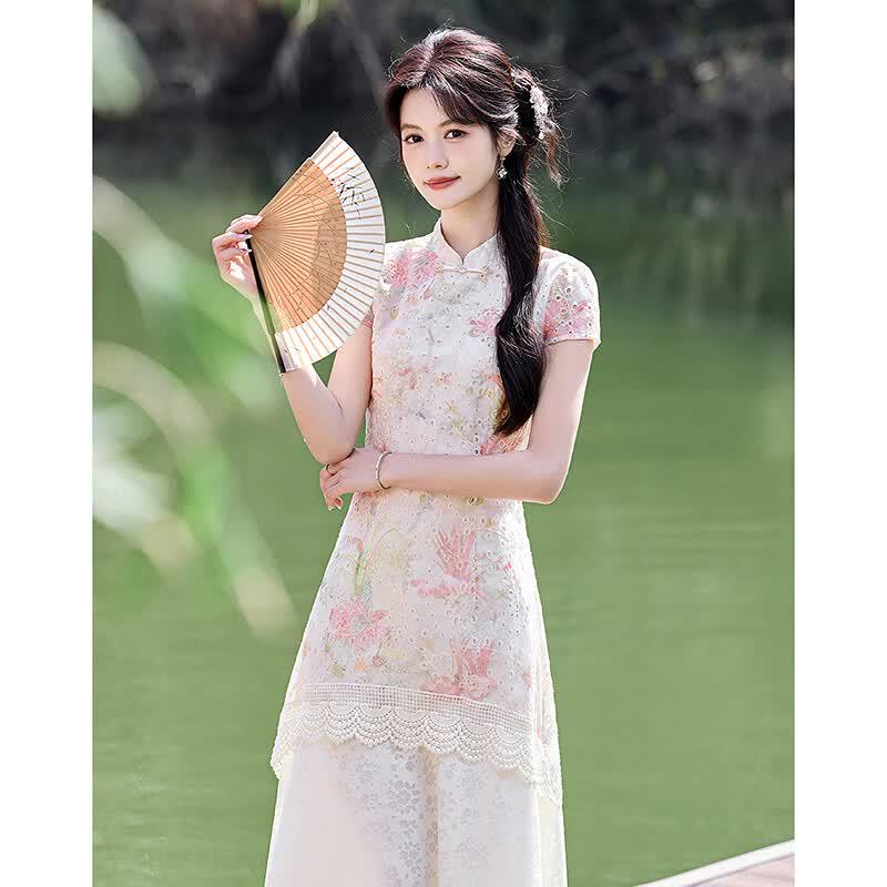 Elegant New Chinese Style Short-Sleeve Mid-Length Dress