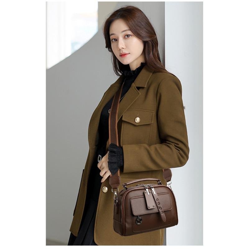 Women's Textured Leather Top-Handle Crossbody Bag Multi-Pocket Design Casual Shoulder Bag