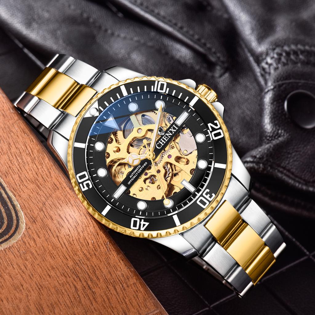 Chenxi Classic Watch Men Unique Dial Green Watches Luxury Gold Skeleton Automatic Mechanical Wristwatches Men Fashion Watches