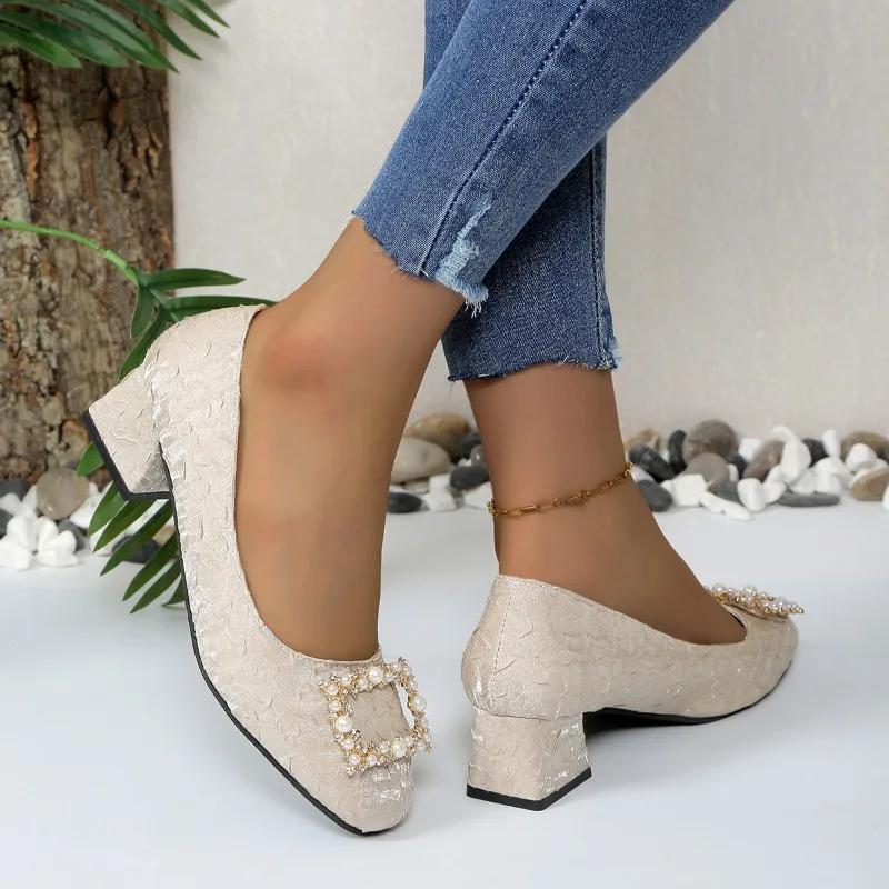 Ladies Shoes  Brand Slip On Women's High Heels Plus Size Dress Pumps Women Pearl Square Button Shallow Low Heel Shoes Women