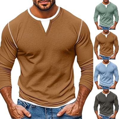 Mens Long Sleeve Tee Shirts Fake Two Pieces V Neck Shirt Fall Casual Trendy Patchwork Stretchy T Shirt Basic Tops