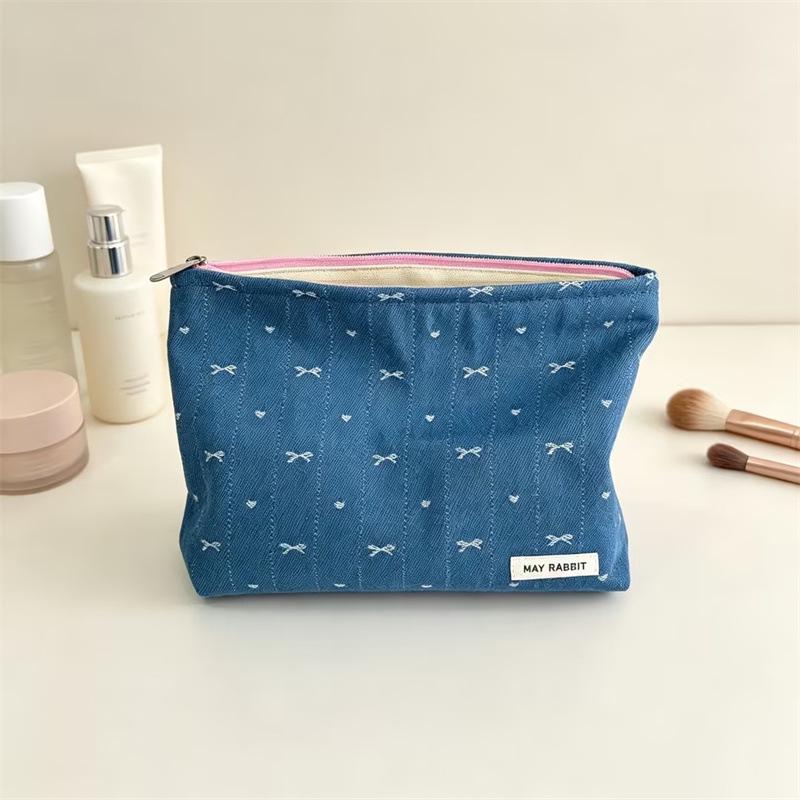 Korean-Style Denim Heart Print Versatile Jewelry & Makeup Bag