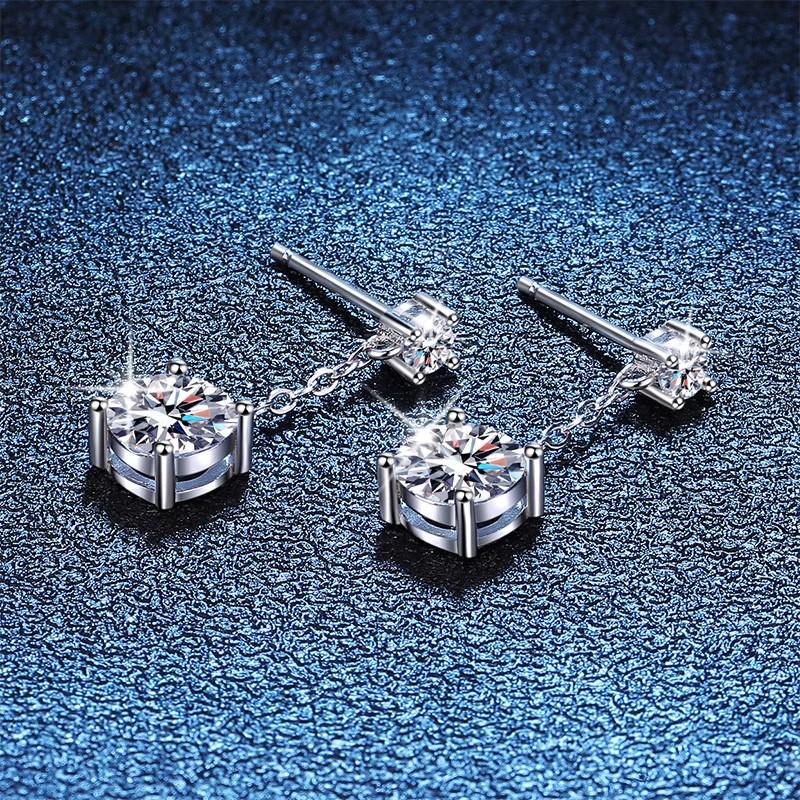 Elegant Sterling Silver S925 Diamond Stud Earrings with One Carat Zirconia Tassel and Four-Prong Design.