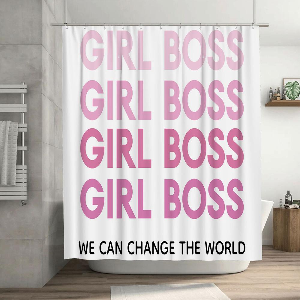 Ensemble Rideau de Douche Chic Fille Boss Pour Décor de Bain Design Typographie Rose Dégradé Matériau en Tissu Durable Avec Crochets Inclus