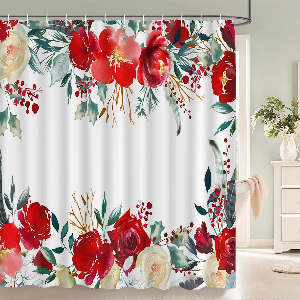 1 Pack of Watercolor Flower Plant Pattern Polyester Shower Curtain Bathroom Partition Curtain with Hooks Home Decorative Curtain