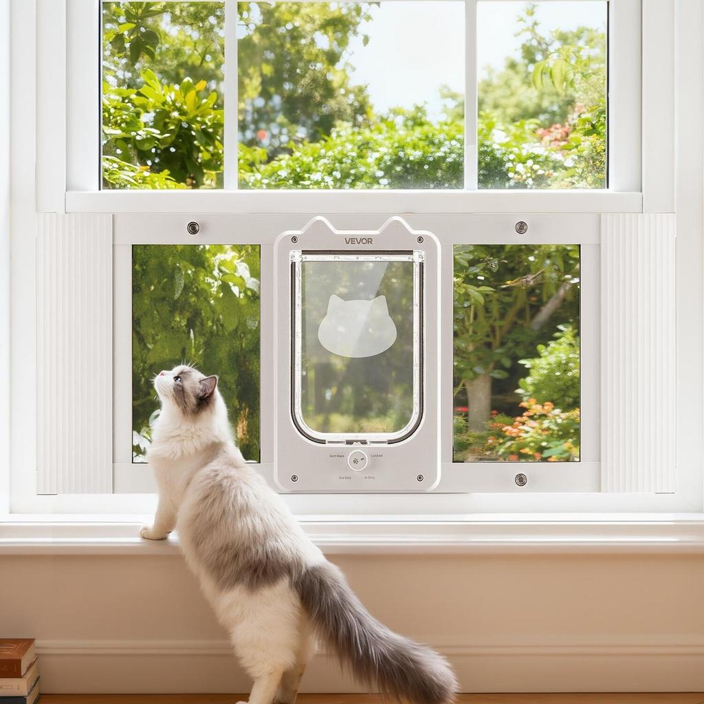 Cat Door for Window, Adjustable to Fit Window Width 787-914 mm, 4 Secure Lock Modes, Aluminum Frame and High-Transparency Glass, Magnetic Closure,