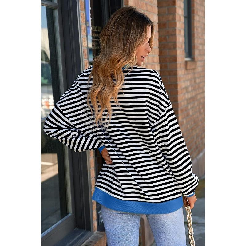 Women's Fashion Casual Spring Fall Stripe Print Long Sleeve O-Neck Blouses & Shirts