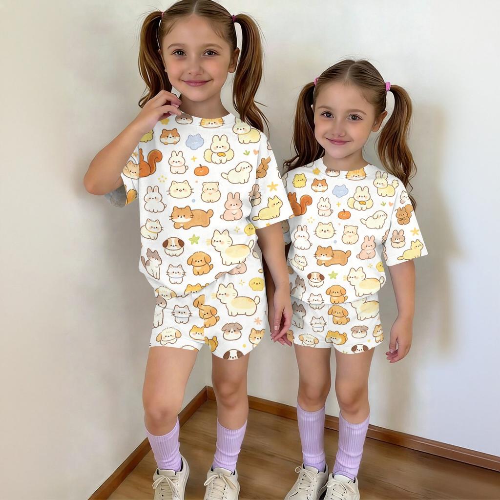 Kids Casual Two Piece Set Short Sleeve Top and Shorts Animal Pattern Lightweight Comfortable Summer Outfit for Boys and Girls