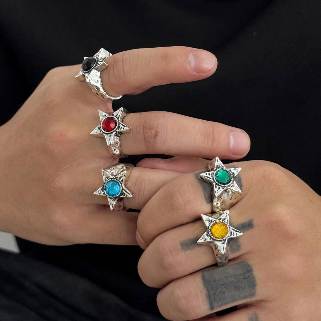 Salircon  5 Styles Exquisite Multicolor Acrylic Rhinestone Pentagram Ring Men Punk Adjustable Finger Rings Couple Jewelry