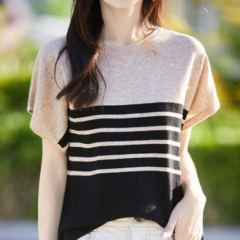 Navava Women Stripe Color Block Short Sleeve Knit Tee Nk3104