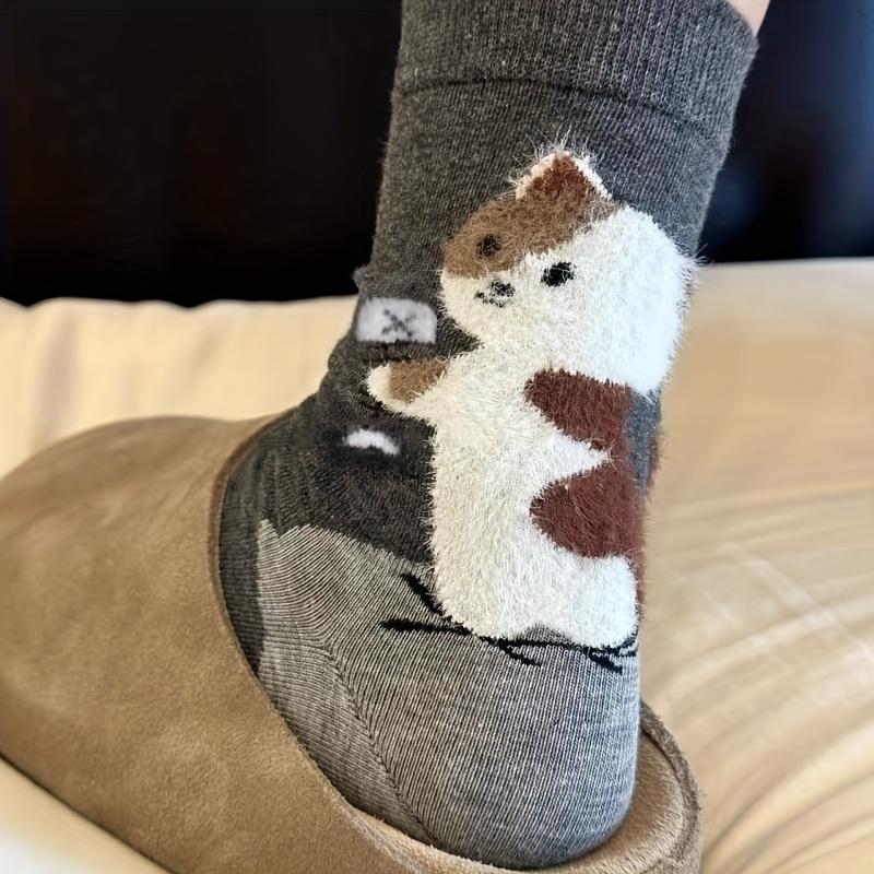 8pcs/4-Pair Unisex Autumn & Winter Warm 3D Cartoon Cat Mid-Calf Socks, Cute Ins Style Cold-Proof Casual Sports Socks