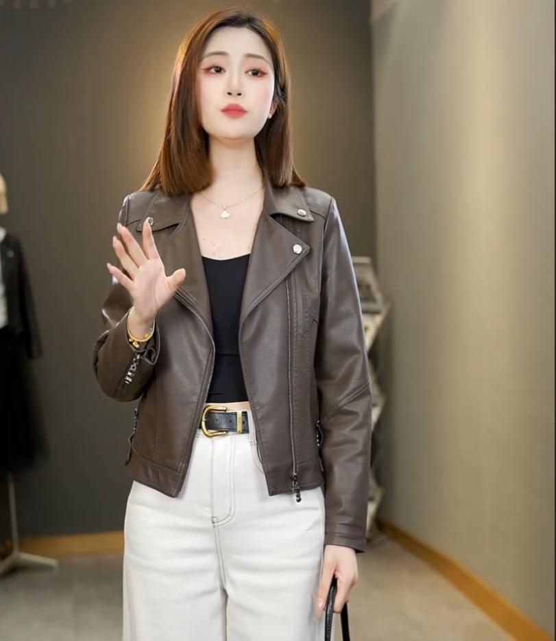 Leather jacket women's spring and autumn high-end casual locomotive soft leather jacket suit collar leather jacket top