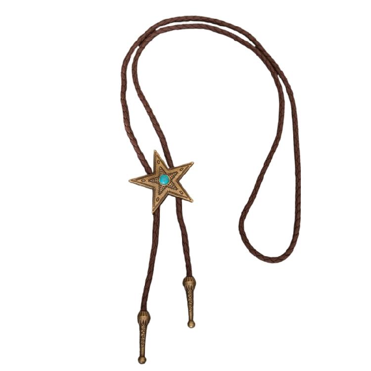 Classical Braided Leather Cord Bolo Tie with Metal Star Turquoises Pendant Western Vintage Necktie Shirt Collar Necklace