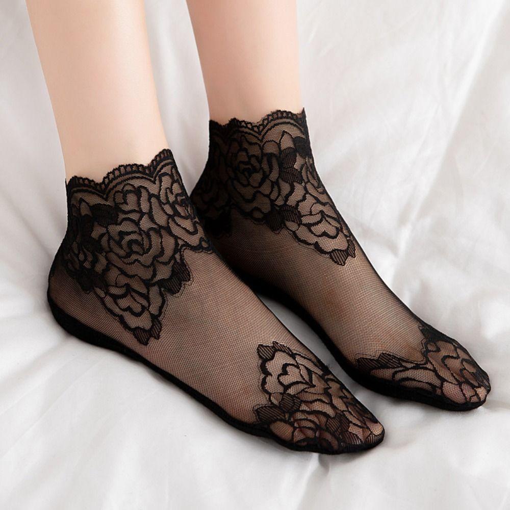5Pairs Flower Mesh Lace Socks Thin Tube Socks Women Korean Ins Transparent Tulle Socks Girl