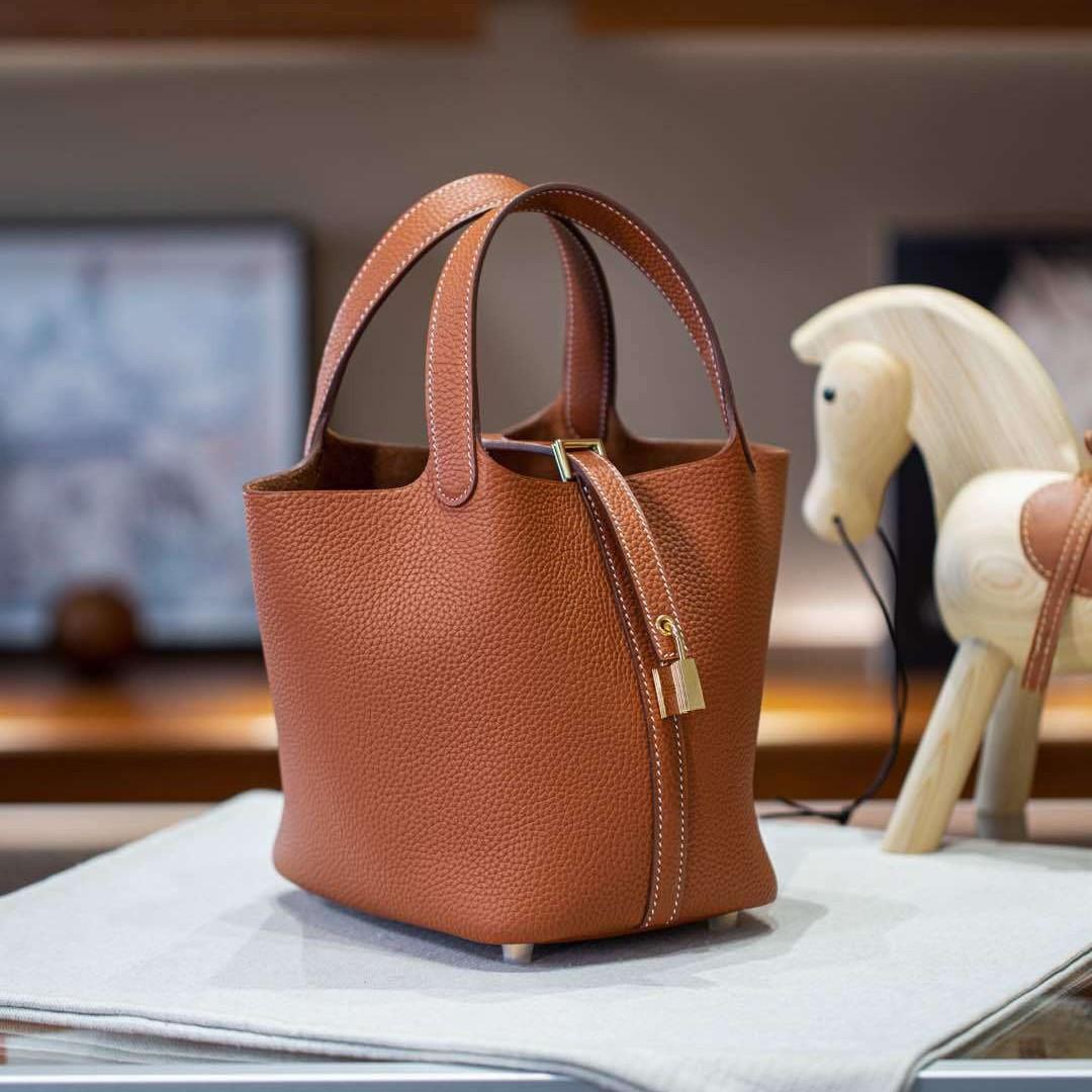 Picotin18 Haltegriff Oberste Schicht Rindsleder Tragetasche Hundert Stile Klassische Damen Tasche Handtasche 18cm braun