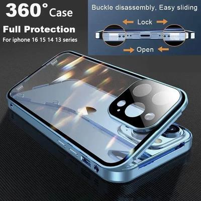 360 Metal Magnetic Adsorption Case For iPhone 16 15 14 13 12 11 Pro Max Plus Double Sided Glass Buckle Full Camera Lens Protector Cover