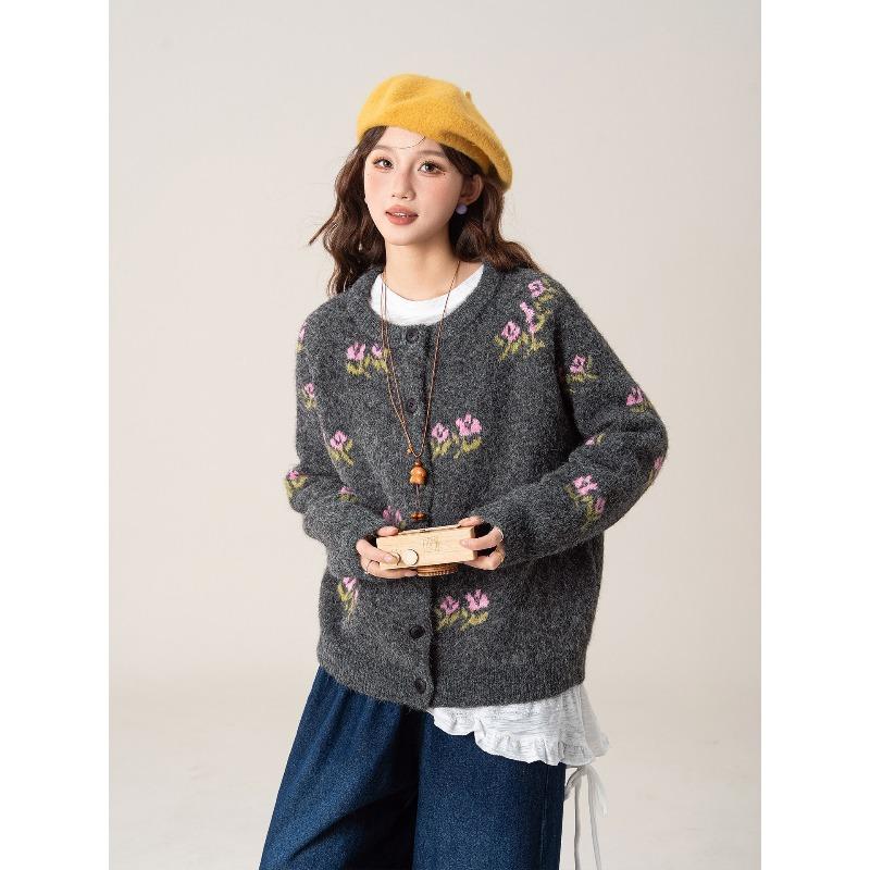 Vintage Green Flower Crew Neck Sweater Jacket Women's Autumn and Winter Loose Soft Waxy Knitted Cardigan Top