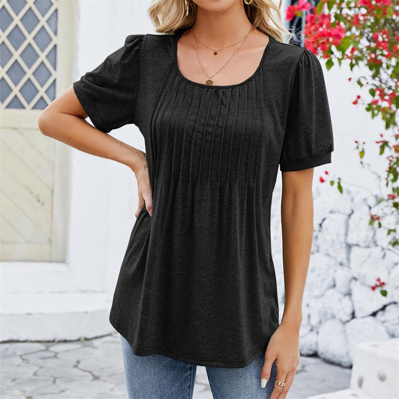 Spring Summer Pleated T Shirts Solid Color Women's Top Fashion O Neck Short Sleeve T-shirt