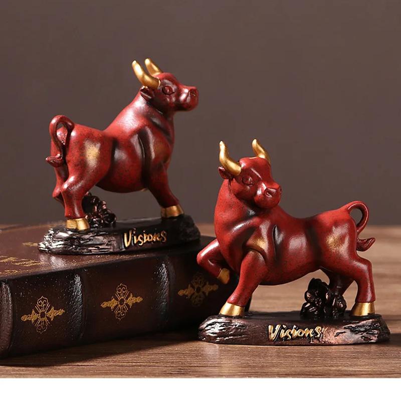 Resin Animal Bull Sculptures and Figurines Cute Home Room Office Table Decoration and Accessories Wealth Luck Feng Shui Decor