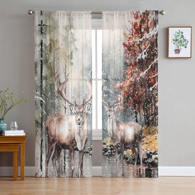 Zimowe boże narodzenie las łoś akwarela przezroczyste zasłony świąteczne dekoracje domu tiulowe zasłony okienne do salonu sypialni