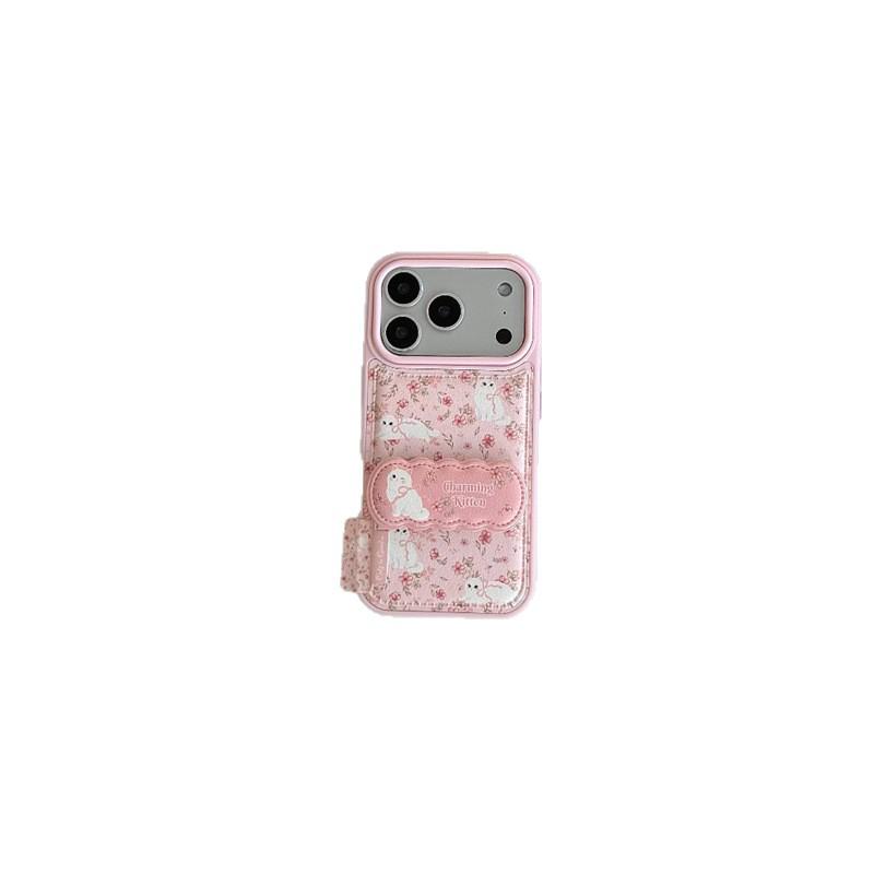 Pink Flower Cat Stand Case for iPhone 17/16 Pro Max/15/14