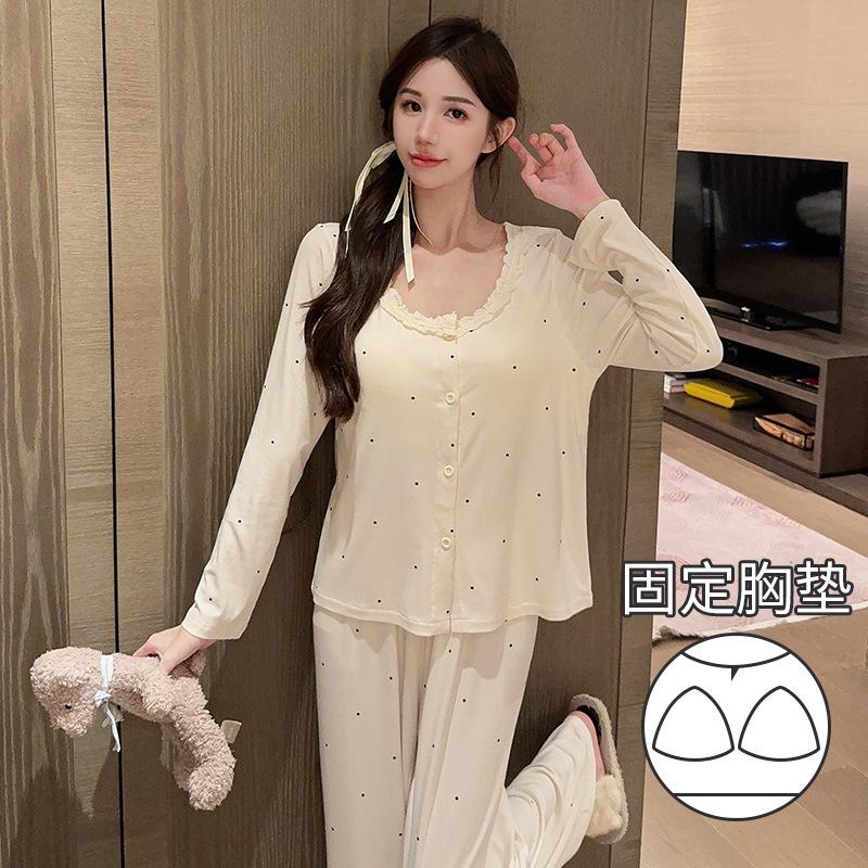 

Spring and Autumn new round neck solid color polka dot Modal simple loungewear suit with chest pad can be worn outside women s spot M