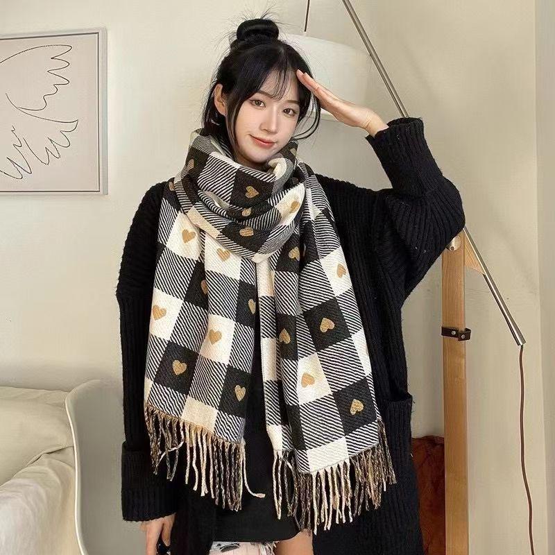 Autumn/Winter Plaid Heart Imitation Cashmere Scarf - Trendy Korean Style for Couples & Students