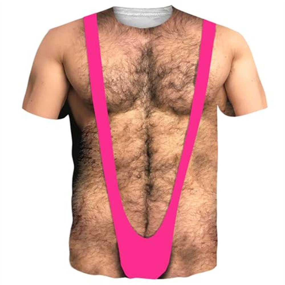 Funny 3D Fakeabdominals T Shirts for Men Hairy Muscle Chest Graphic Short Sleeve Cosplay Costume Sexy Oversized T-shirt Tops